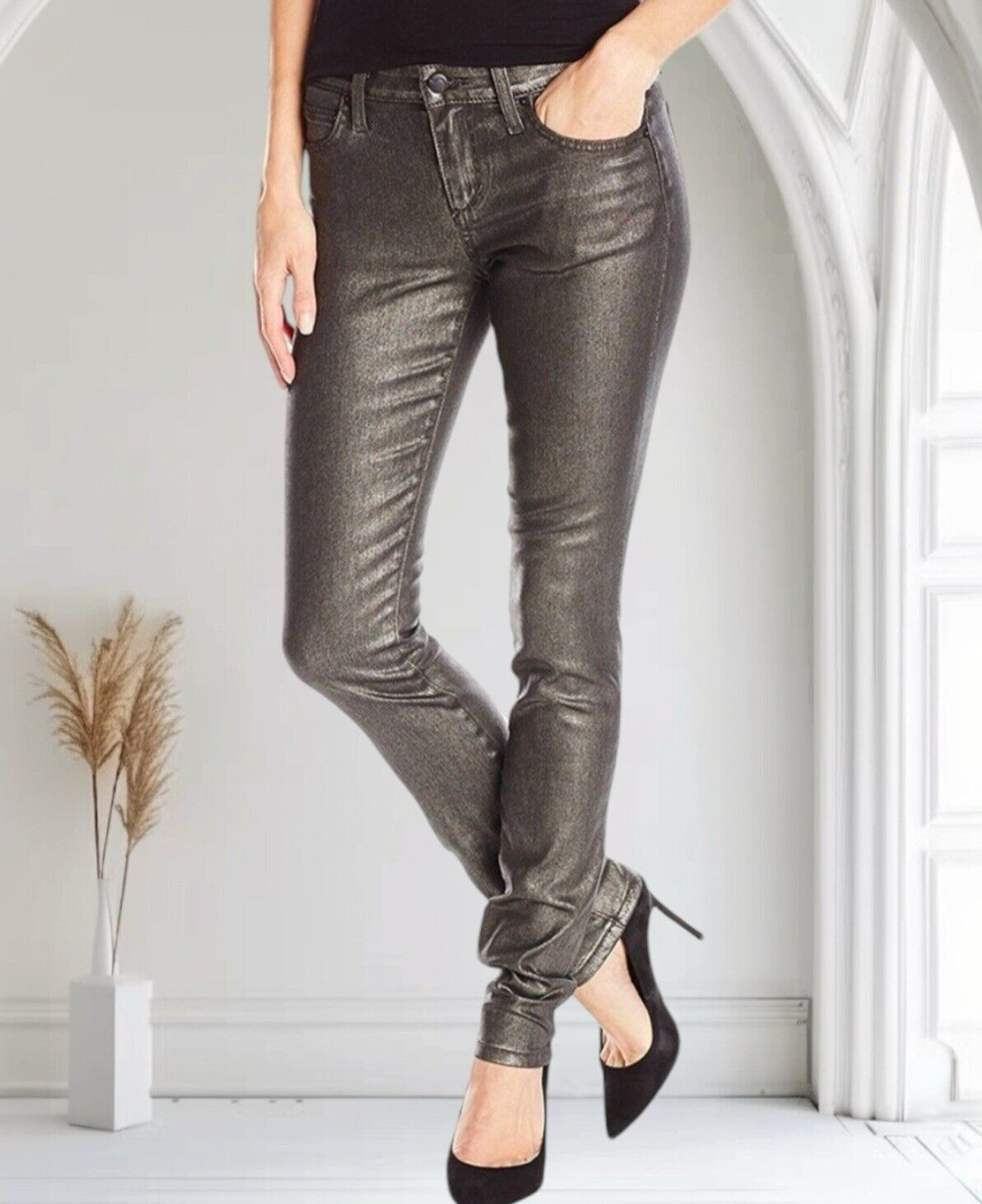 Joe’s Jeans Women Mid Rise Skinny Metallic Coated Glitter Gray Silver 28 Mari